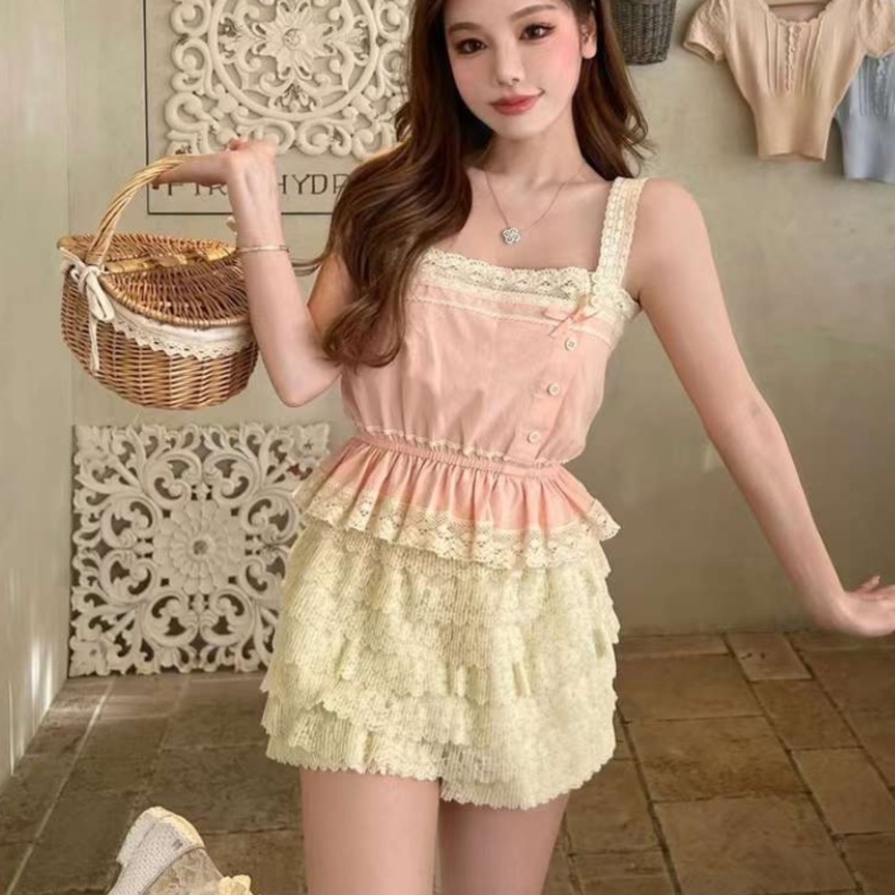 Japanese Kawaii Cottage Ballet Peach Pink Peplum Summer Lace Ribbon Crop Top